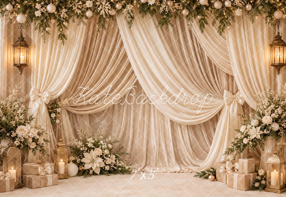 Kate Christmas Cream Drapes Garland Lanterns Presents Flowers Printed Backdrop Designed by Emetselch