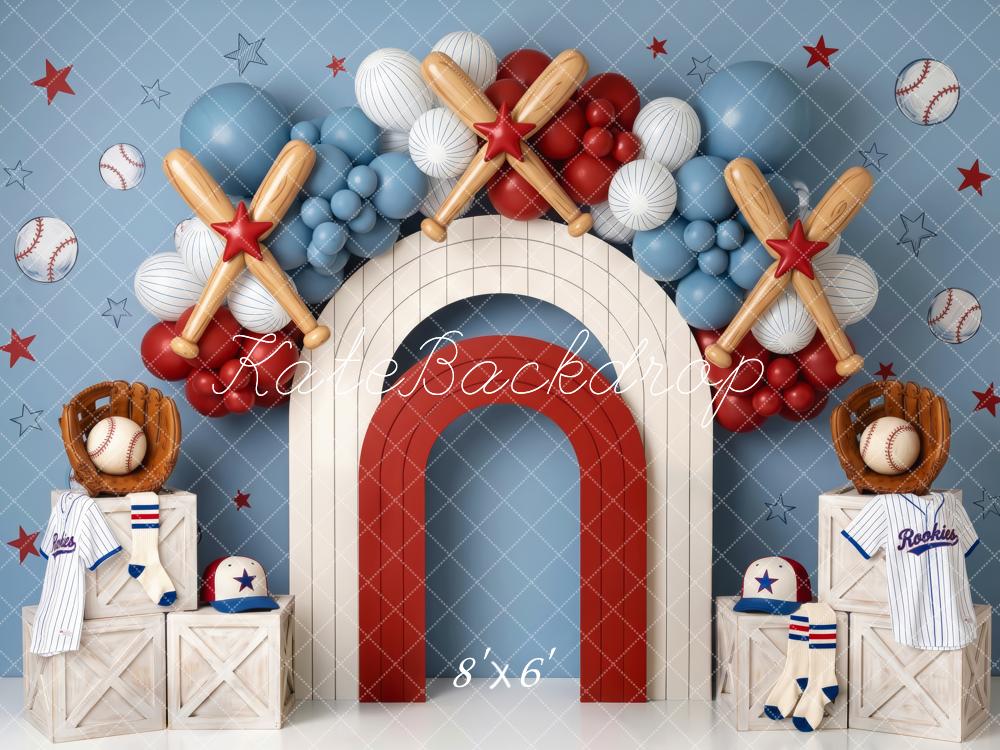 Kate Birthday Blue Baseball Arch Bats Balloons Printed Backdrop Designed by Patty Roberts