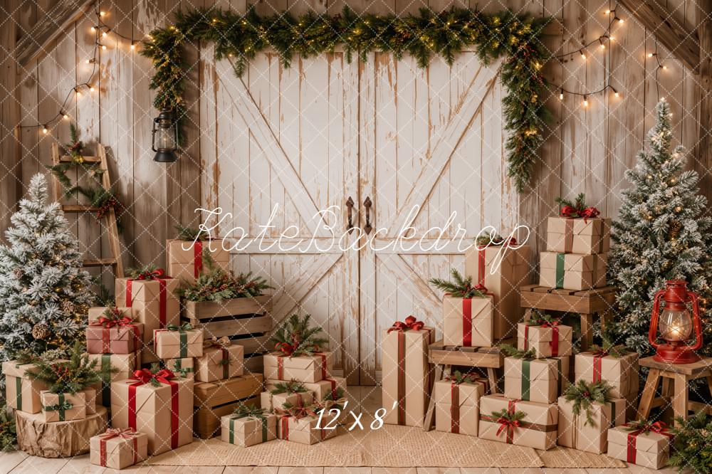 Kate Christmas Rustic White Barn Door Trees Gifts Printed Backdrop Designed by Emetselch