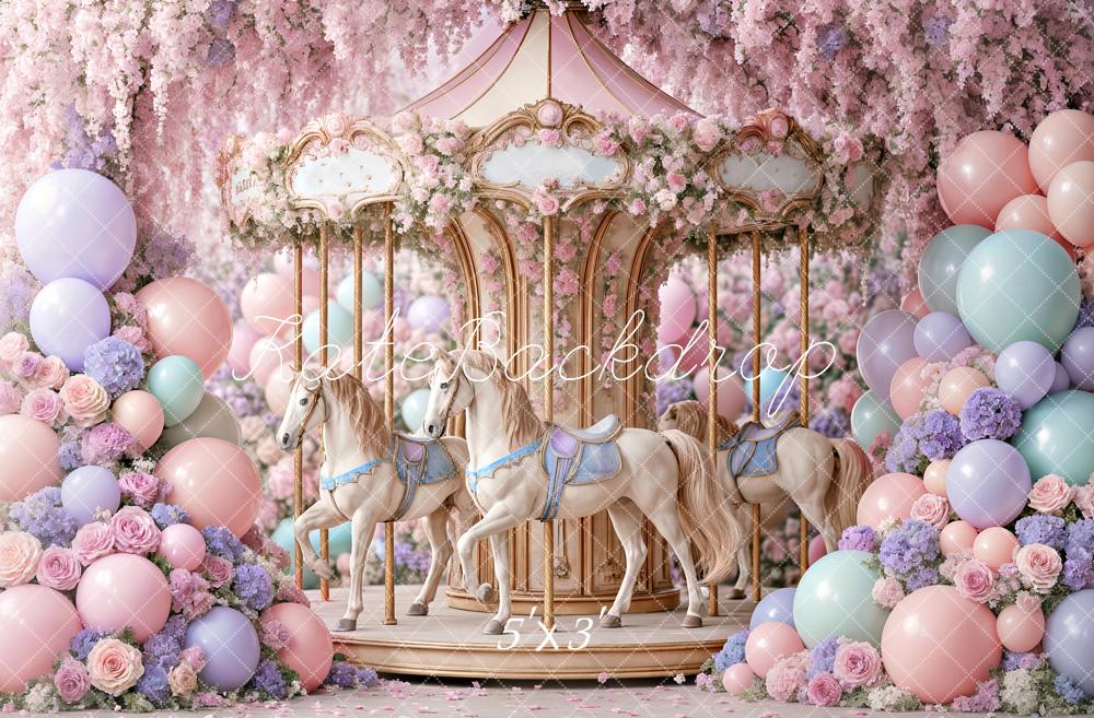 Kate Birthday Carousel Floral Balloons Pastel Printed Backdrop Designed by Ashley Paul