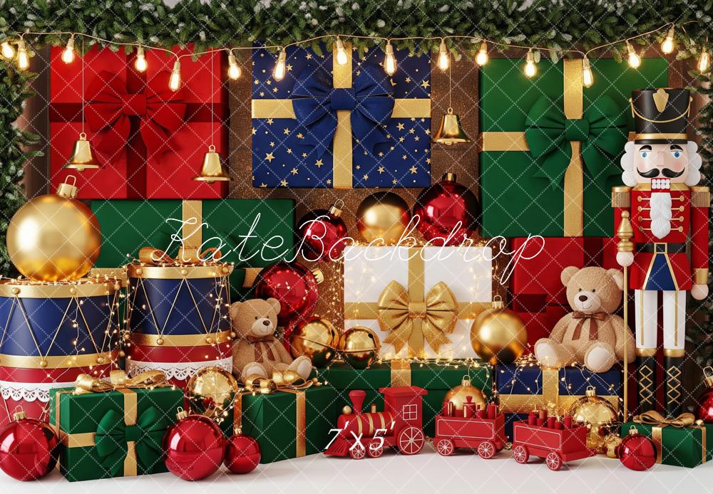 Kate Christmas Nutcracker Gift Boxes Drum Train Teddy Bear Backdrop Designed by Patty Roberts