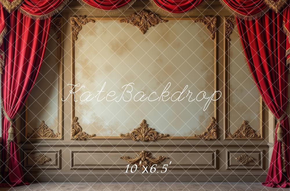 Kate Vintage Wall Red Curtains Gold Ornaments Printed Backdrop Designed by Laura Bybee