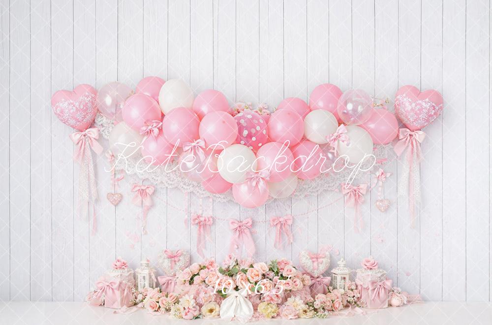 Kate Cake Smash Coquette Pink Balloon Heart Bows Floral Printed Backdrop Designed by Mandy Ringe Photography