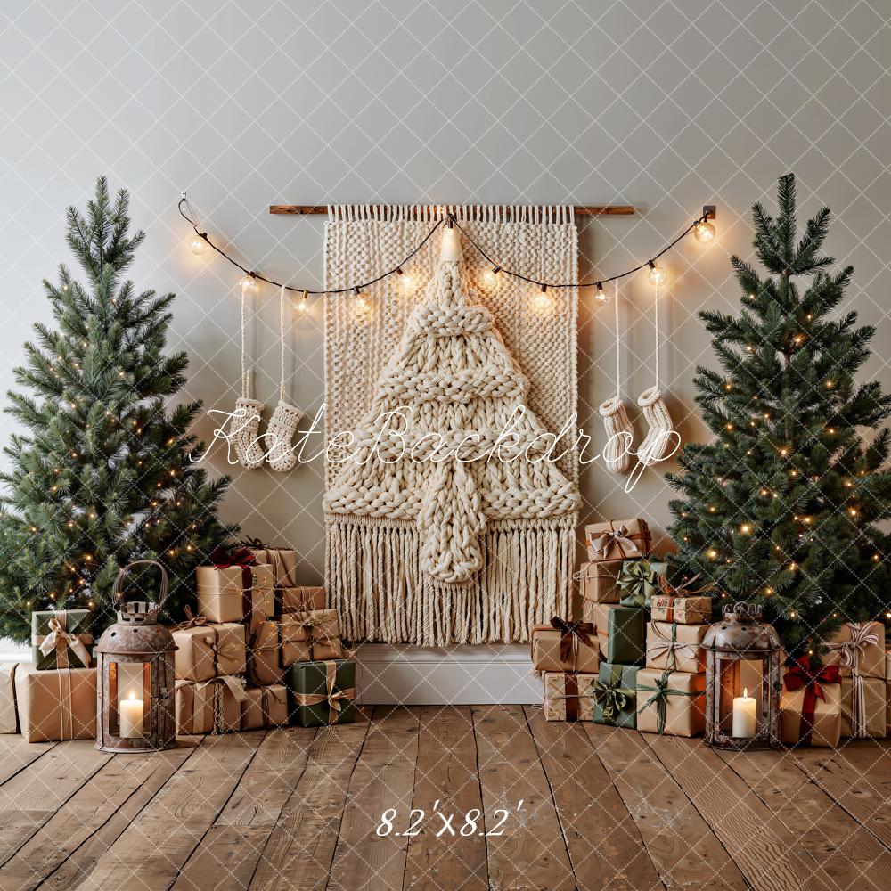 Kate Christmas Boho Macrame Tree Gift Boxes Lanterns Printed Backdrop Designed by Emetselch