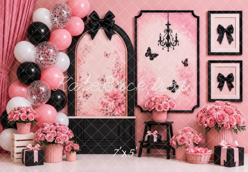 Kate Cake Smash Pink Glam Floral Boutique Balloons Bows Black Frames Printed Backdrop Designed by Shutter Swan Studios