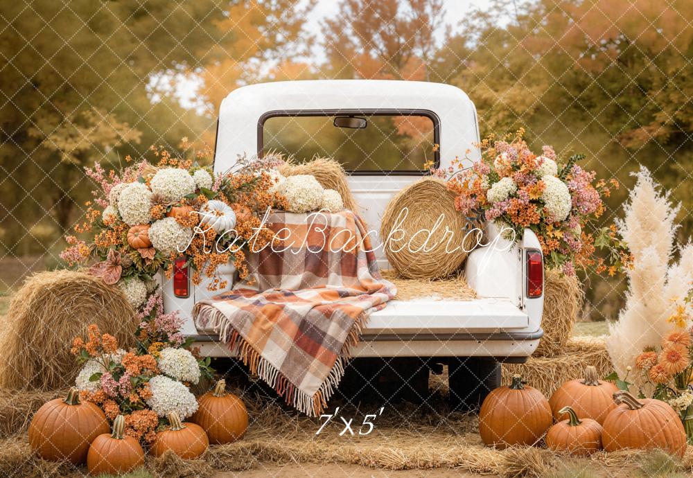 Kate Fall White Truck Pumpkins Hay Bales Flowers Printed Backdrop Designed by Emetselch