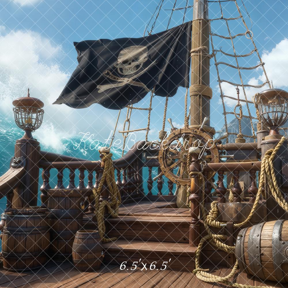Kate Pirate Ship Deck Steering Wheel Barrels Ocean Backdrop Designed by Chain Photography