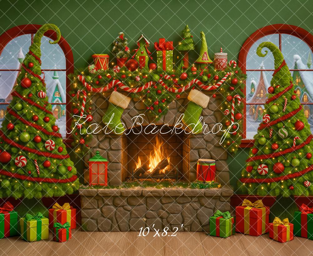 Kate Christmas Fireplace Stone Trees Gifts Garland Green Backdrop Designed by Ashley Paul