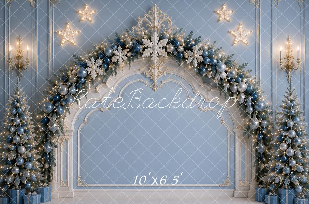 Kate Christmas Headboard Blue Arch Garland Trees Snowflakes Printed Backdrop Designed by Caitlin Lynch