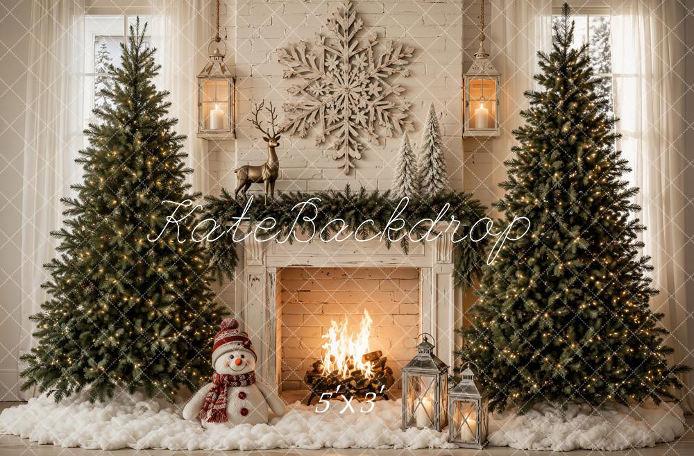 Kate Christmas Trees Snowflake Fireplace Snowman Printed Backdrop Designed by Emetselch