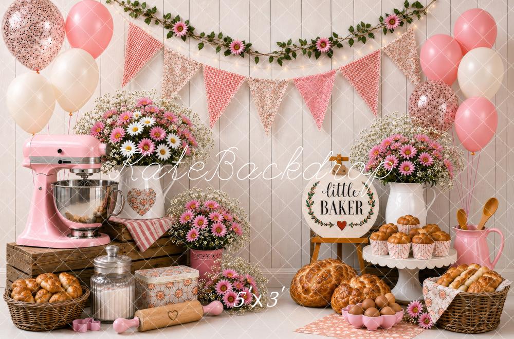 Kate Cake Smash Pink Little Baker Kitchen Floral Balloons Printed Backdrop Designed by Shutter Swan Studios