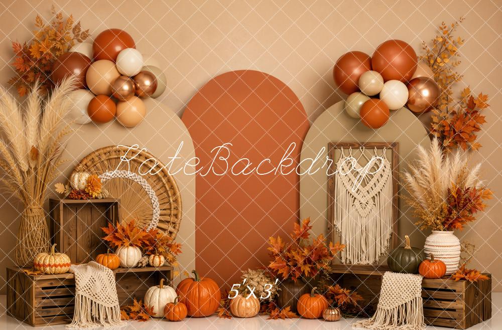 Kate Fall Boho Pumpkin Arch Balloons Crates Printed Backdrop Designed by Emetselch