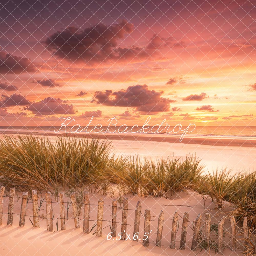 Kate Summer Beach Sunset Sand Dunes Grass Fence Printed Backdrop Designed by Emetselch
