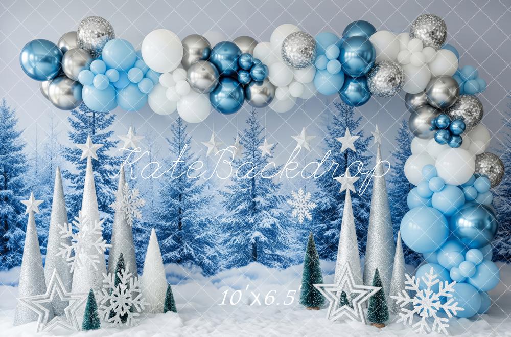Kate Winter Blue Balloon Arch Snowflake Trees Backdrop Designed by Patty Roberts