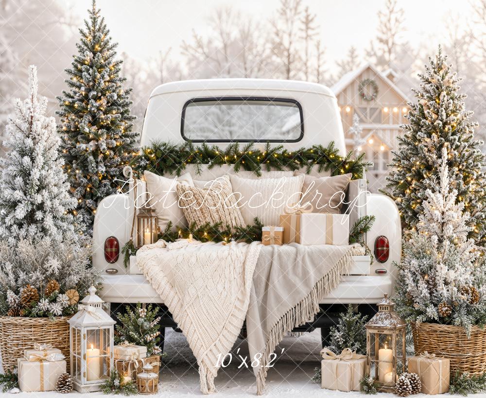 Kate Christmas Vintage White Truck Snowy Trees Blankets Printed Backdrop Designed by Emetselch