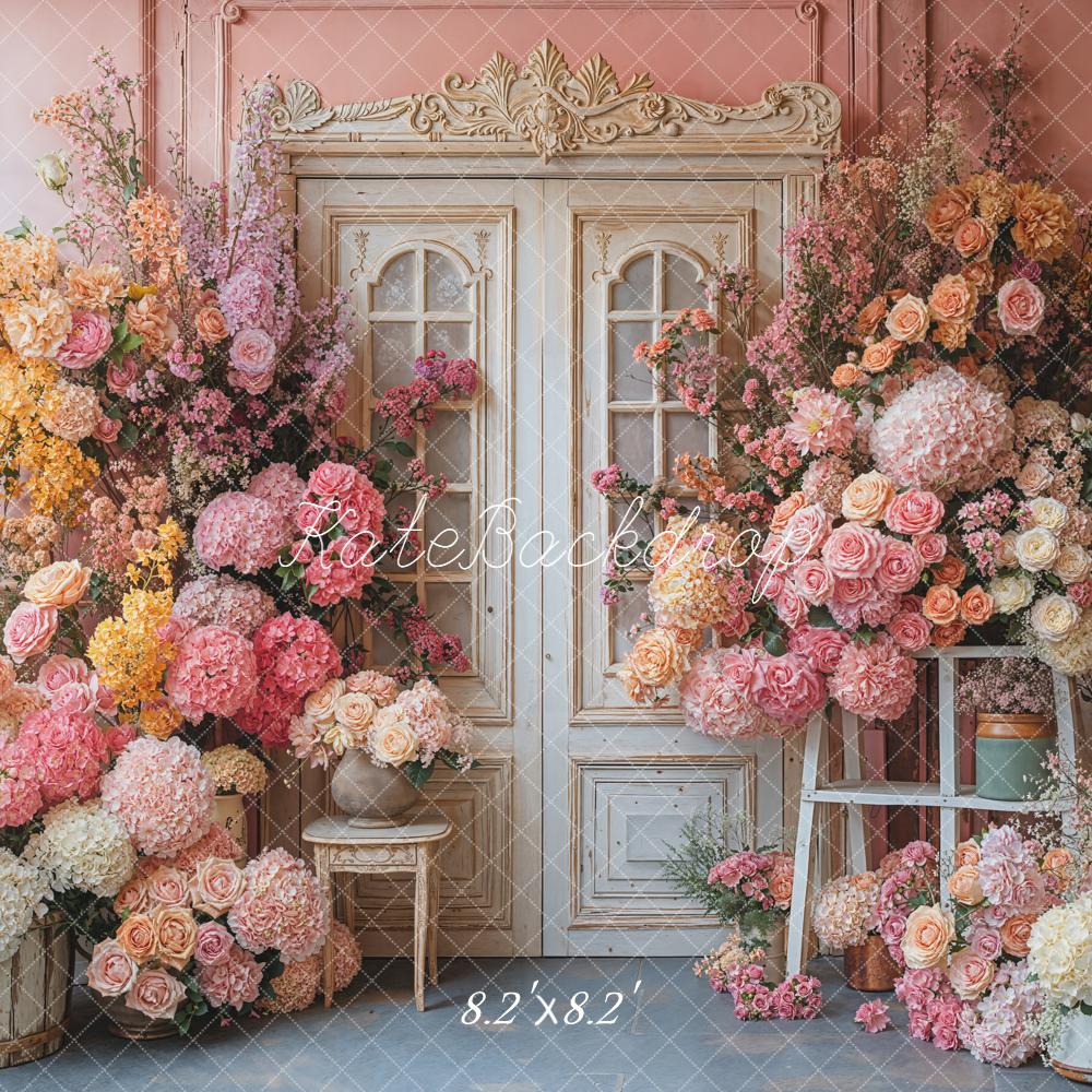 Kate Spring Flowers Vintage White Door Pink Wall Backdrop Designed by Emetselch