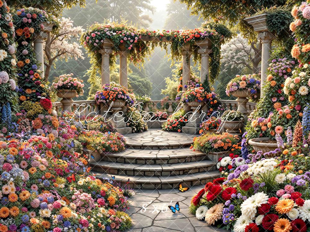 Kate Spring Flower Arch Cascading Stairs Garden Printed Backdrop Designed by Mini MakeBelieve