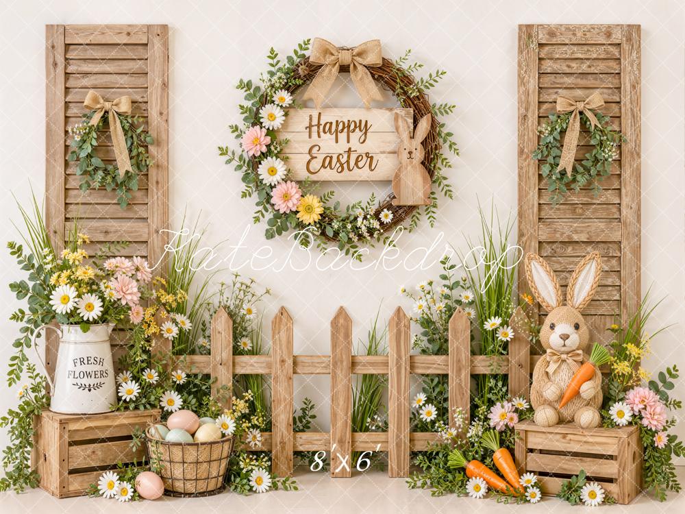 Kate Easter Rustic Garden Wood Fence Bunny Wrearth Printed Backdrop Designed by Emetselch
