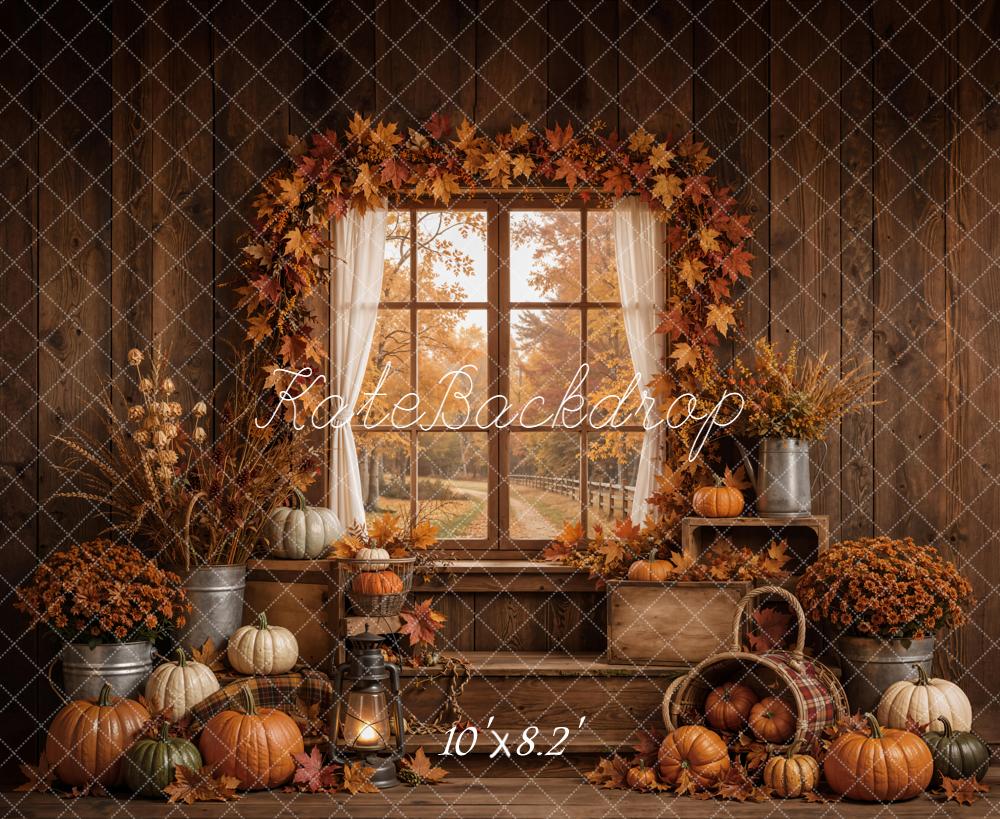 Kate Fall Pumpkins Window Maple Leaves Rustic Wood Printed Backdrop Designed by Emetselch