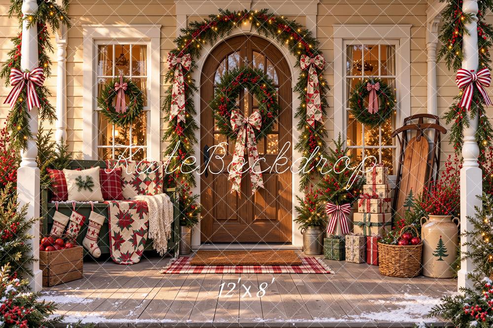 Kate Christmas Farmhouse Porch Wreath Garland Sunlight Printed Backdrop Designed by Shutter Swan Studios