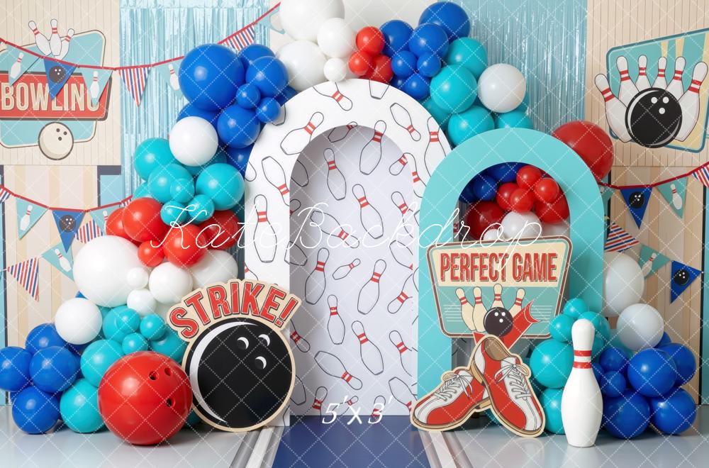 Kate Cake Smash Bowling Alley Pins Balloons Red Blue Printed Backdrop Designed by Mini MakeBelieve