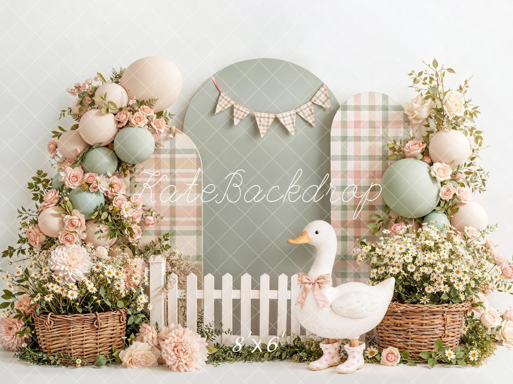 Kate Cake Smash Silly Goose Flower Arch Plaid Balloons Picket Fence Backdrop Designed by Emetselch