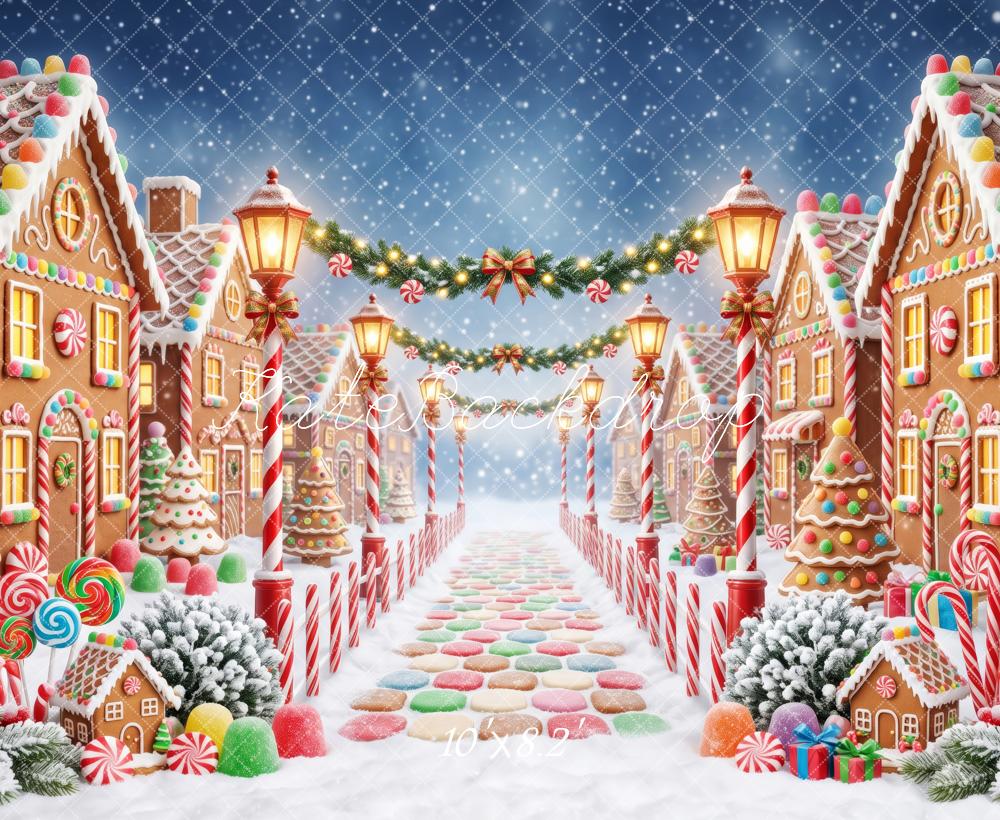 Kate Christmas Gingerbread Street Candy Village Snow Printed Backdrop Designed by Patty Roberts