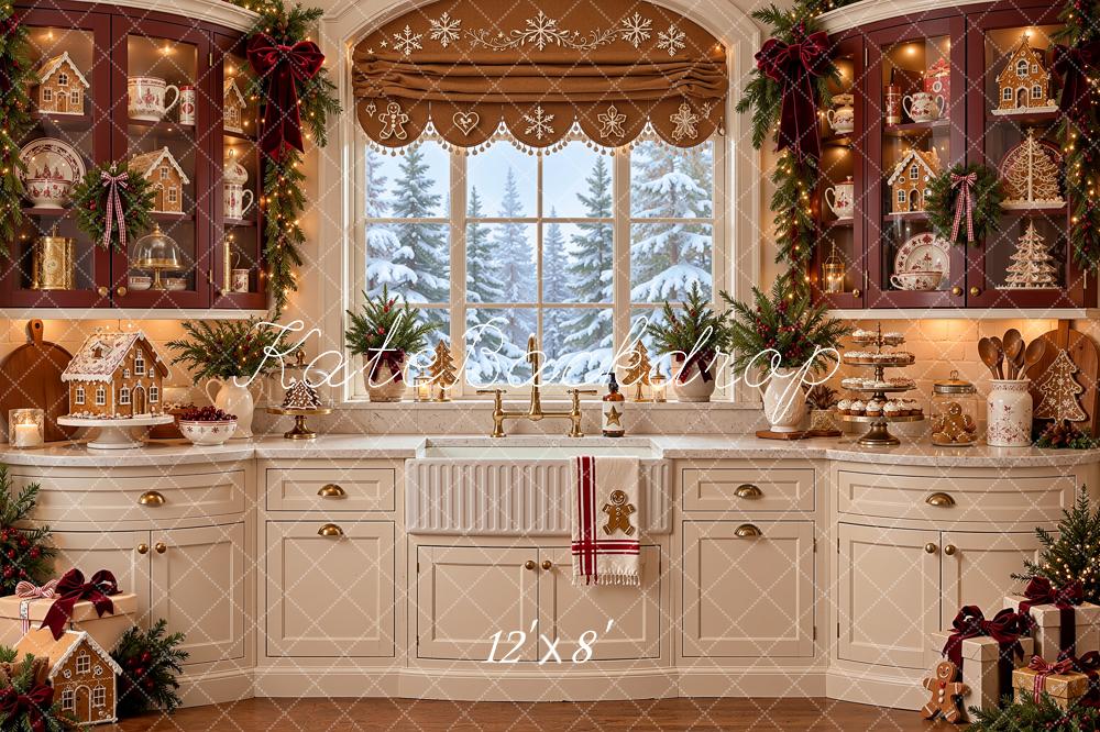 Kate Christmas Gingerbread Kitchen Window White Cabinet Printed Backdrop Designed by Shutter Swan Studios