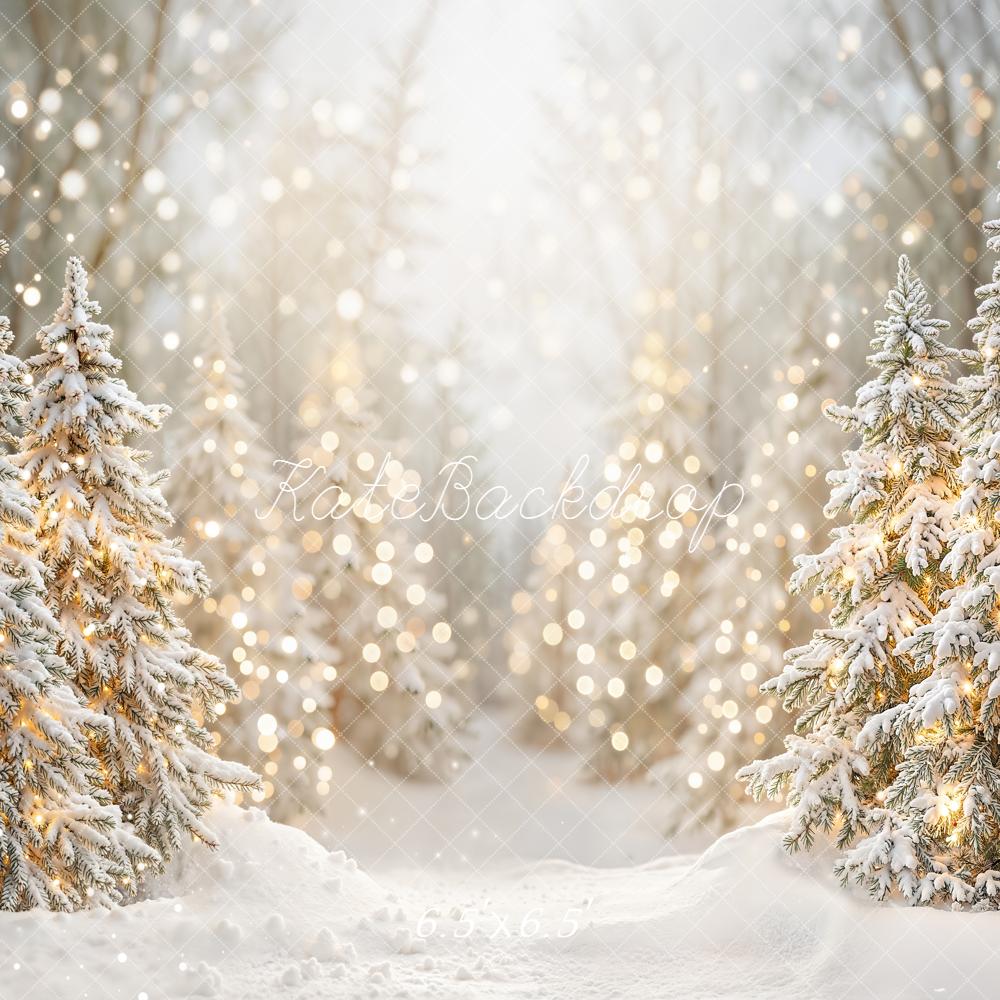 Kate Christmas Winter Snowy Pine Trees Bokeh Lights Backdrop Designed by Emetselch