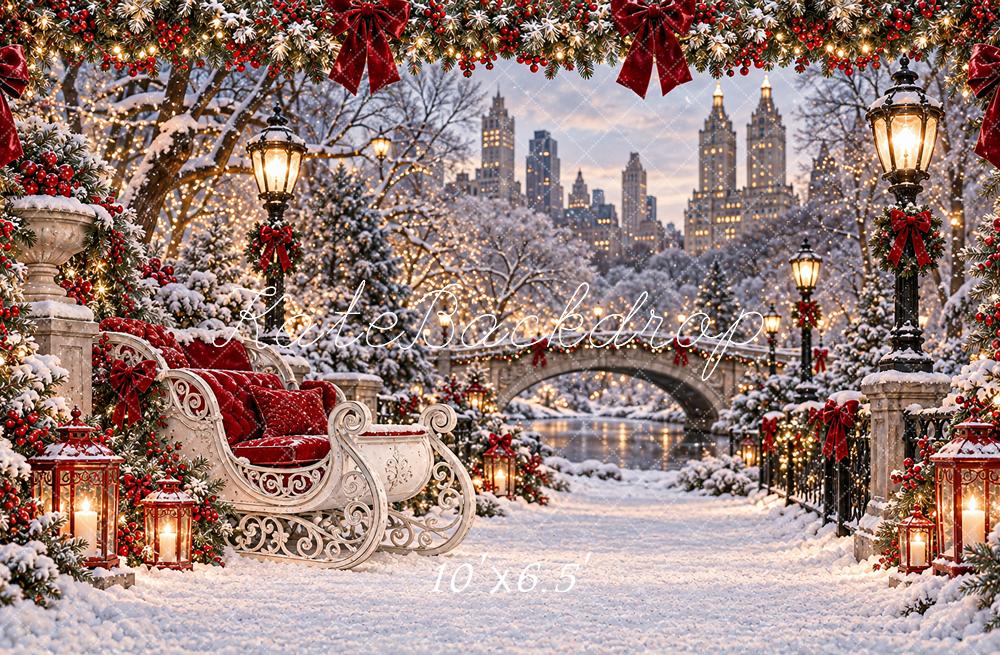Kate Christmas Snowy City Central Park Sleigh Printed Backdrop Designed by Angela Miller