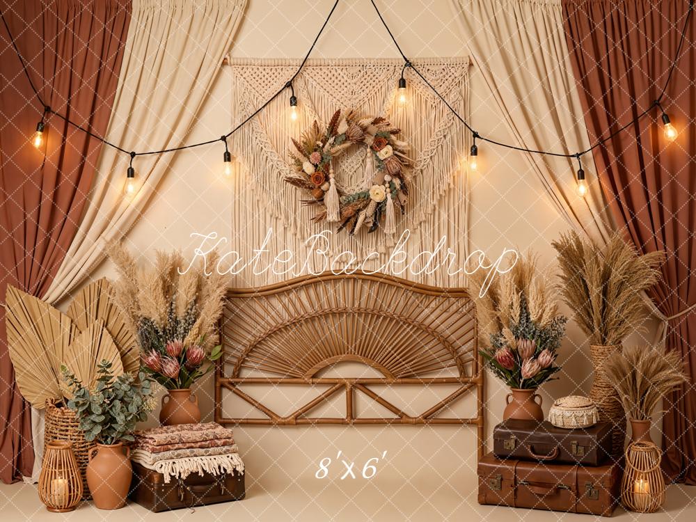 Kate Boho Macrame Wreath Pampas Grass Rattan Bench Backdrop Designed by Emetselch