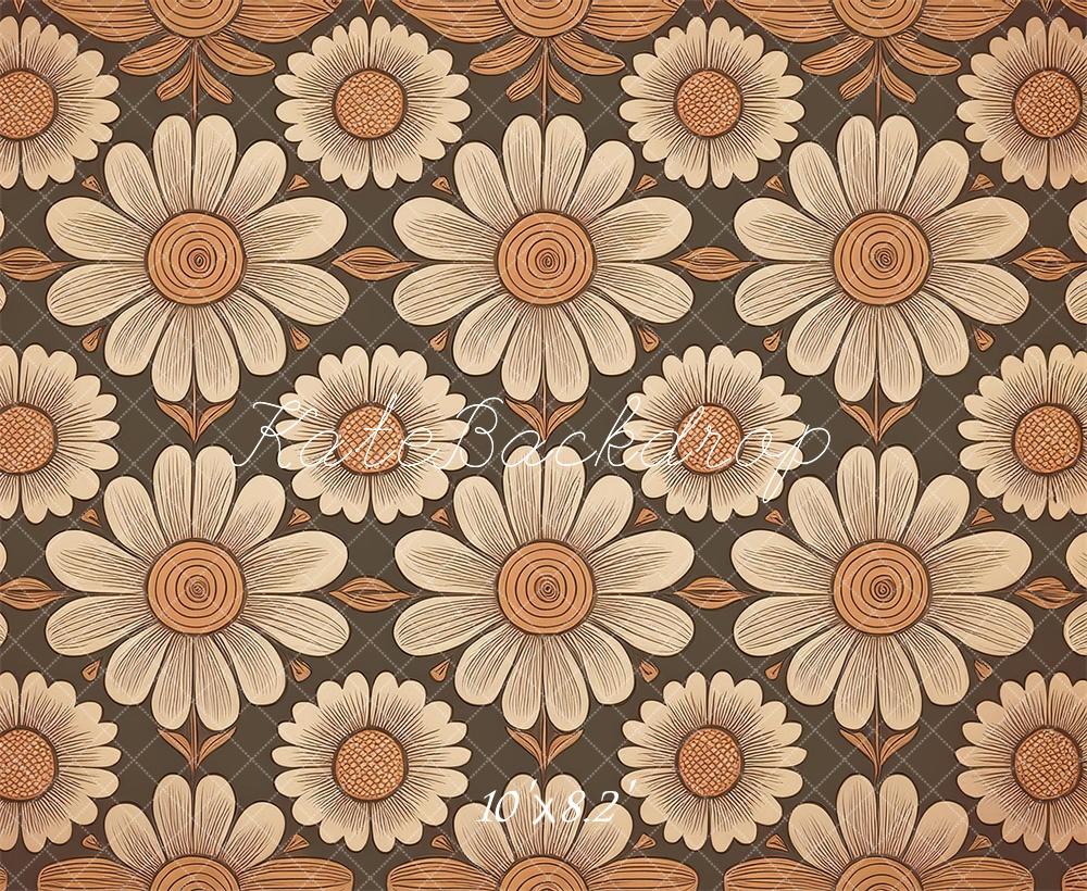 Kate Mustard and Olive Retro Flower Pattern Backdrop Designed by Mandy Ringe Photography