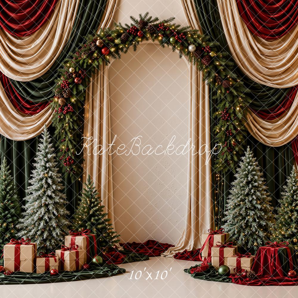 Kate Christmas Red Green Gold Drapes Flower Arch Christmas Trees Gifts Printed Backdrop Designed by Emetselch
