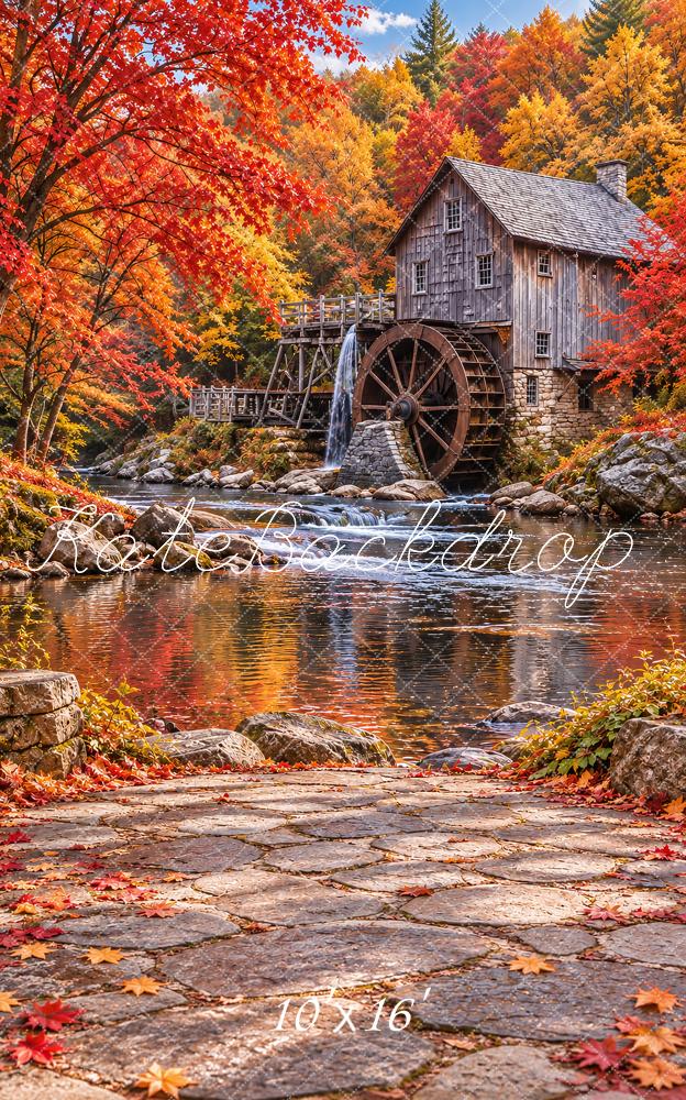 Kate Sweep Fall Water Mill Cabin Waterfall Forest Printed Backdrop Designed by Vertigo Productions