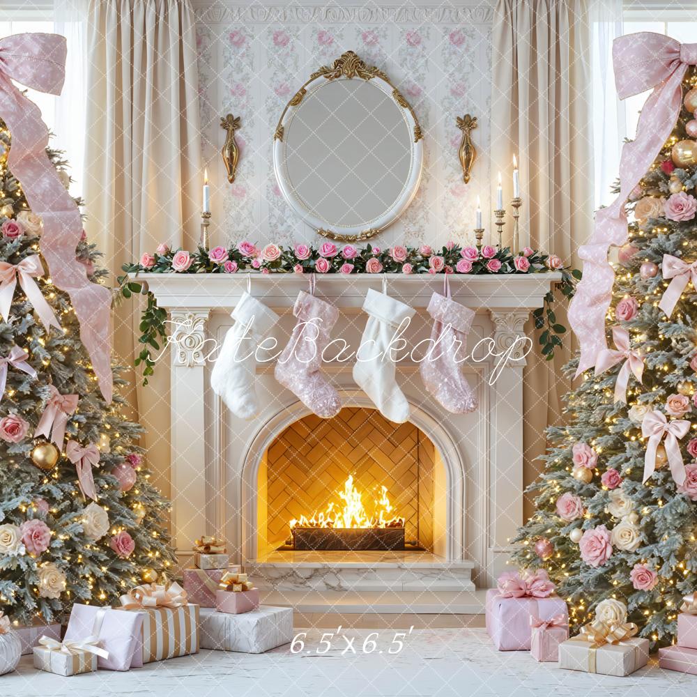 Kate Christmas Fireplace Pretty Pink Bow Trees Gifts Printed Backdrop Designed by Mini MakeBelieve
