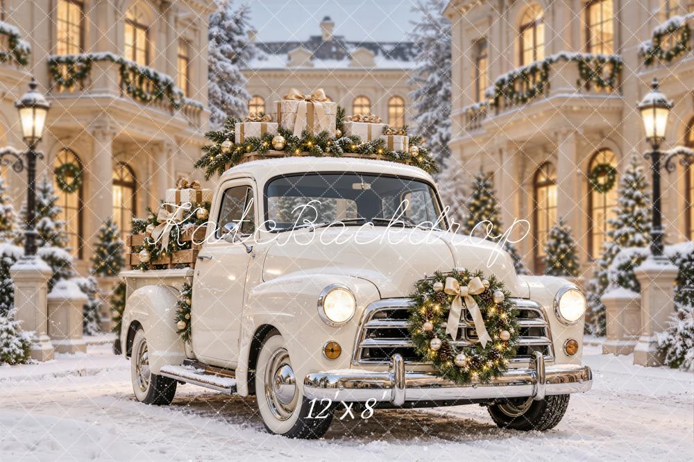 Kate Christmas Vintage Truck Gifts Snowy Courtyard Printed Backdrop Designed by Emetselch
