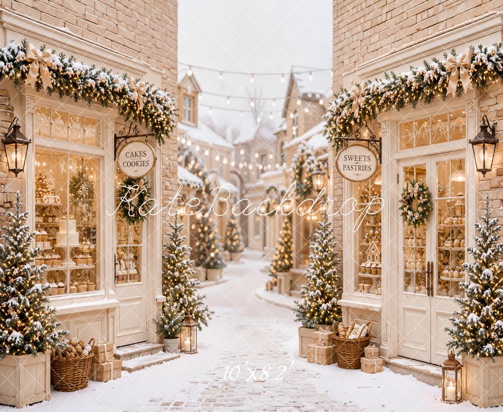 Kate Christmas Snowy Village Bakery Street Printed Backdrop Designed by Emetselch