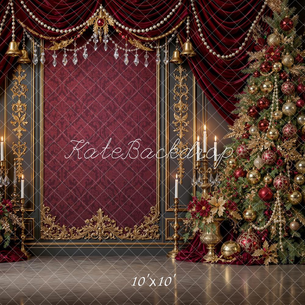 Kate Christmas Trees Ruby Burgundy Gold Drapes Vintage Wall Printed Backdrop Designed by Shutter Swan Studios