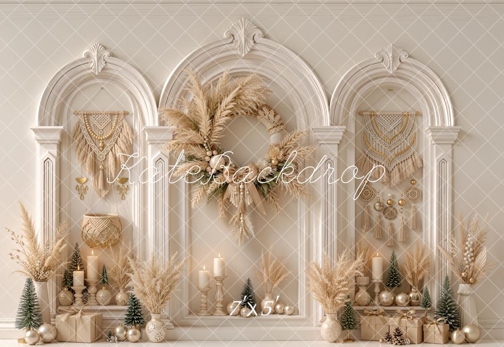 Kate Boho Arched Wall Christmas Tree Pampas Wreath Decor Printed Backdrop Designed by Emetselch