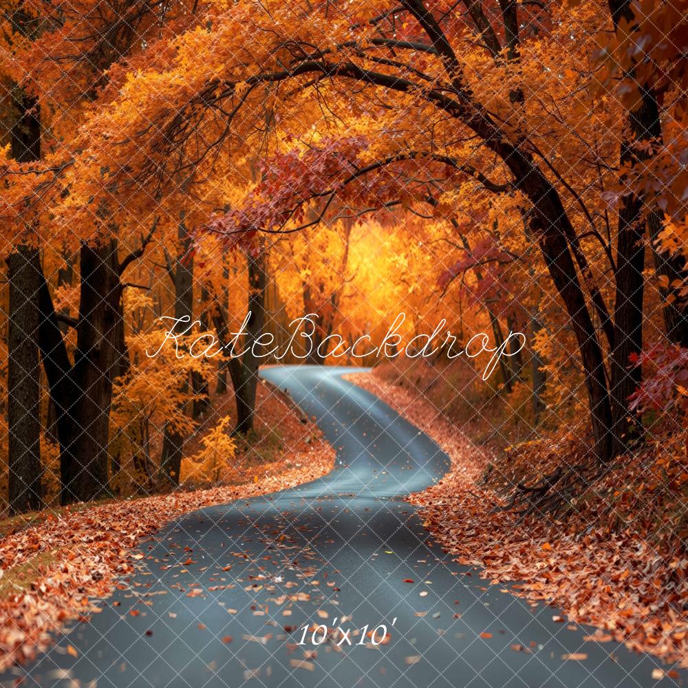 Kate Fall Forest Winding Road Orange Leaves Printed Backdrop Designed by Mini MakeBelieve