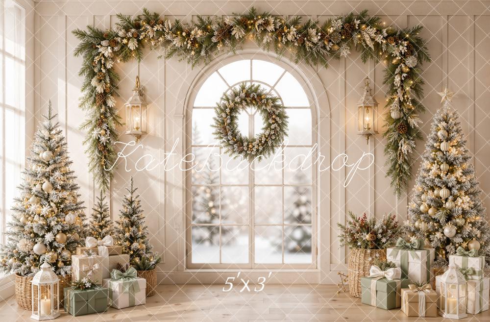 Kate Christmas Beige Garland Trees Presents Retro Printed Backdrop Designed by Emetselch