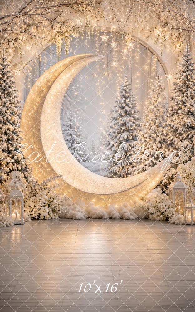 Kate Sweep Christmas Winter Moon Snowy Trees Fairy Lights Printed Backdrop Designed by Megan Leigh Photography