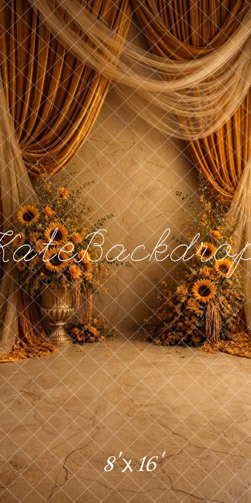 Kate Sweep Fall Elegant Brown Gold Drapes Sunflowers Printed Backdrop Designed by Ashley Ward