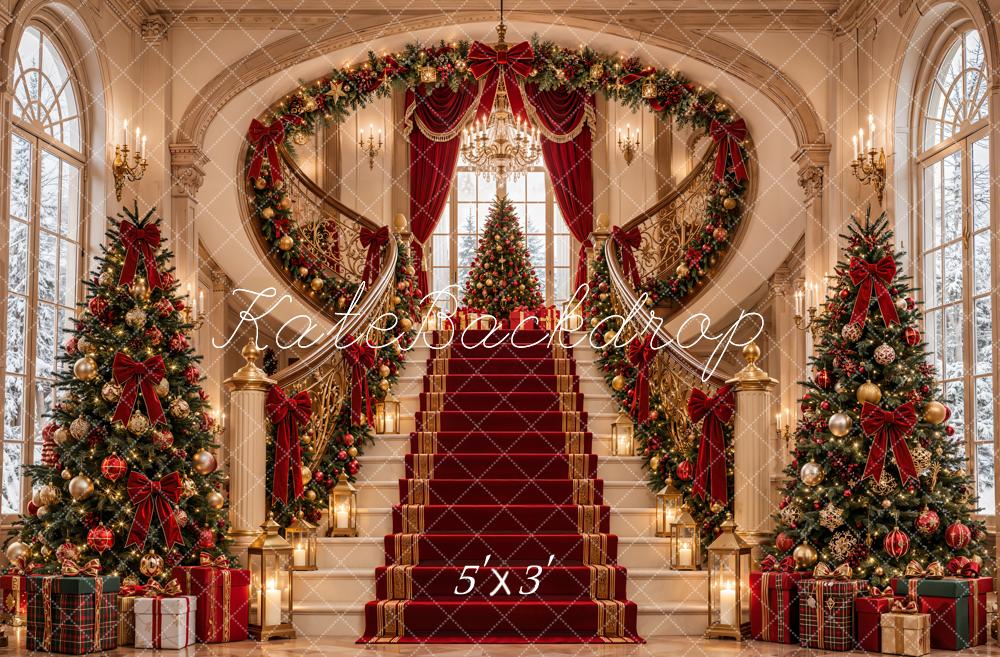 Kate Christmas Cascading Stairs Palace Red Carpet Luxury Trees Printed Backdrop Designed by Emetselch
