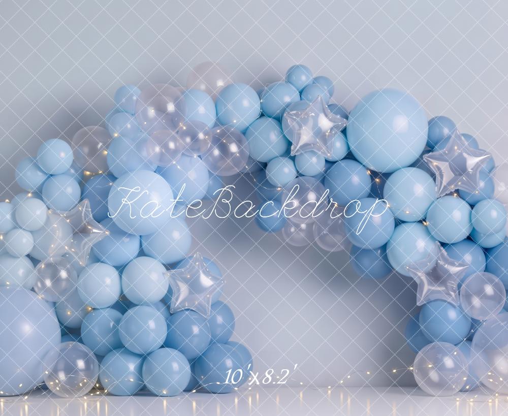 Kate Cake Smash Blue Balloon Arch with Clear Balloons and Silver Stars Printed Backdrop Designed by Emetselch