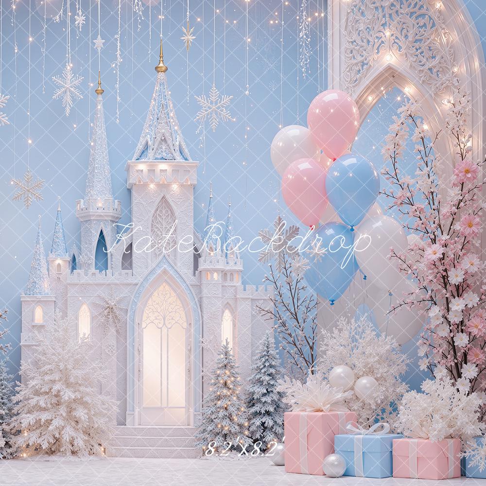 Kate Christmas Wonderland Blue Castle Snowflakes Balloons Printed Backdrop Designed by Shutter Swan Studios