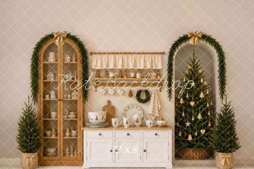 Kate Christmas Tree Modern Kitchen Cabinet Garland Gold Bow Printed Backdrop Designed by Emetselch