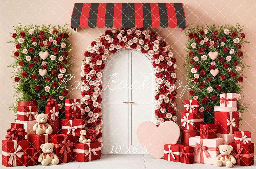 Kate Valentine's Day Flower Arch Red Gift Boxes Teddy Bears Backdrop Designed by Patty Roberts
