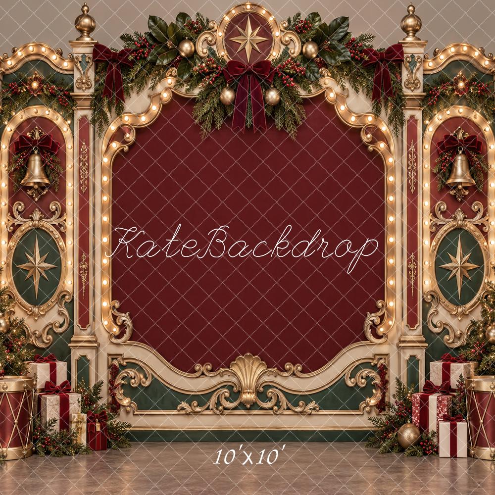 Kate Christmas Ornate Vintage Frame Victorian Burgundy Gold Wall Printed Backdrop Designed by Vertigo Productions