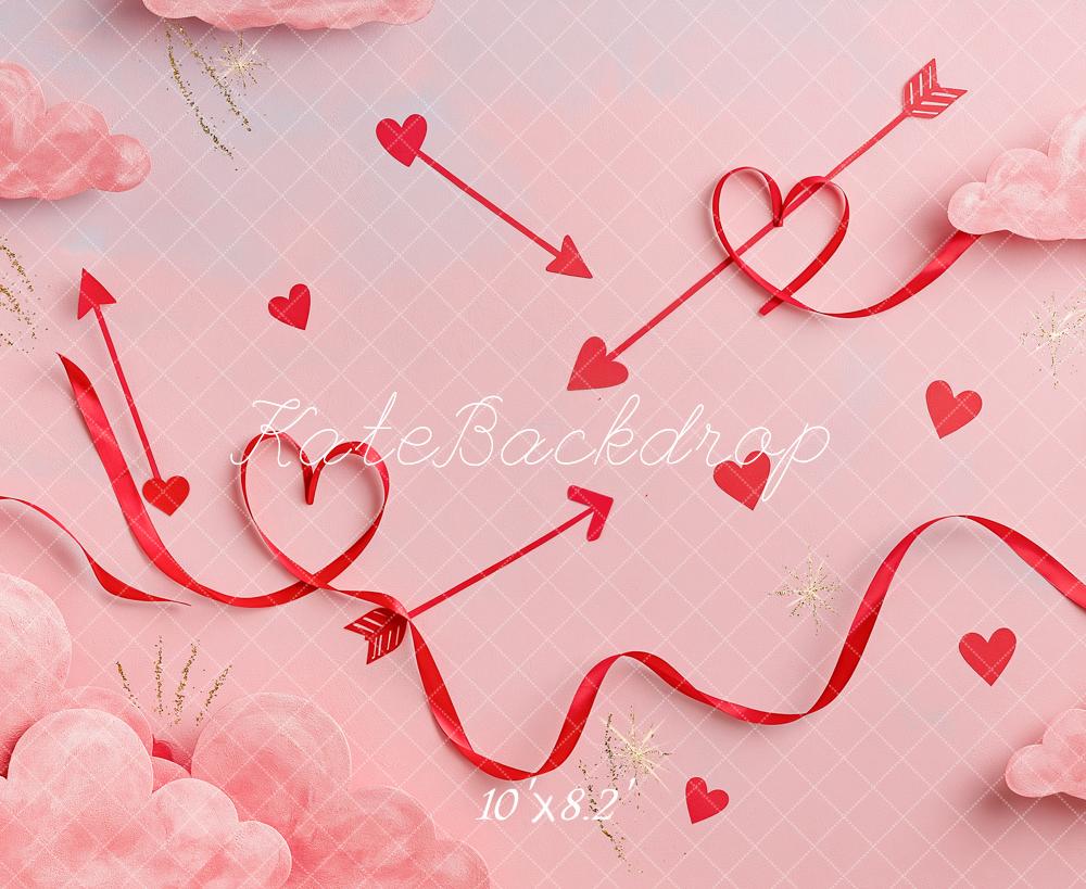 Kate Valentine's Day Pink Hearts Arrows Ribbon Clouds Printed Backdrop Designed by Angela Miller